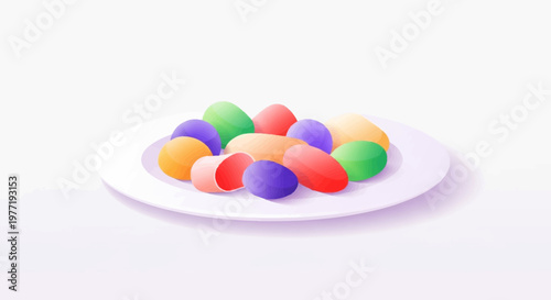 Colorful candies arranged on a white plate against a minimalist background for concepts