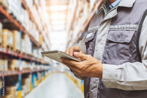 倉庫でタブレットを持つ作業員