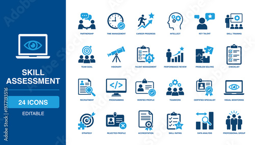 Skill assessment solid vector glyph partnership time management career progress talent performance review recruitment teamwork intellect rating