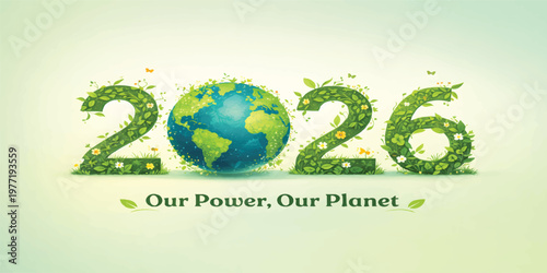 Earth Day 2026 Green Typography with Planet Globe and Leaves, Our Power Our Planet Theme, Sustainability and Climate Change Awareness, Eco Friendly Environmental Campaign Illustration