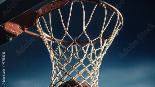 Cinematic Low Angle Shot of Basketball Falling Through Hoop Net, Slow Motion Scoring Moment in Arena

