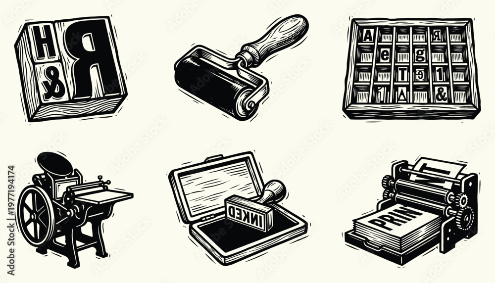 Αυτοκόλλητο Set of vintage letterpress and printing press illustrations in woodcut style