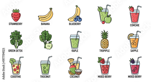 Illustrated depiction of assorted fruit and vegetable smoothies in a healthy food style