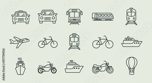 Transportation modes icons set cars trucks trains planes boats bicycles