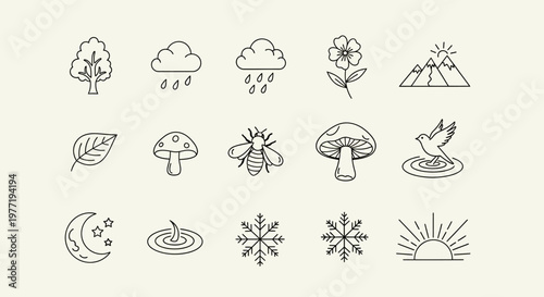 Nature icons set with weather symbols and plants