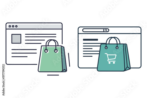 E commerce shopping bags in front of website pages