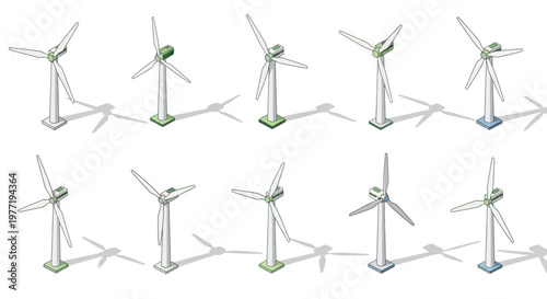 Illustrated Isometric View of Multiple Wind Turbines for Renewable Energy Production