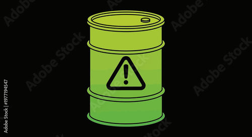 Graphic illustration of a green barrel with an exclamation mark, warning hazard symbol