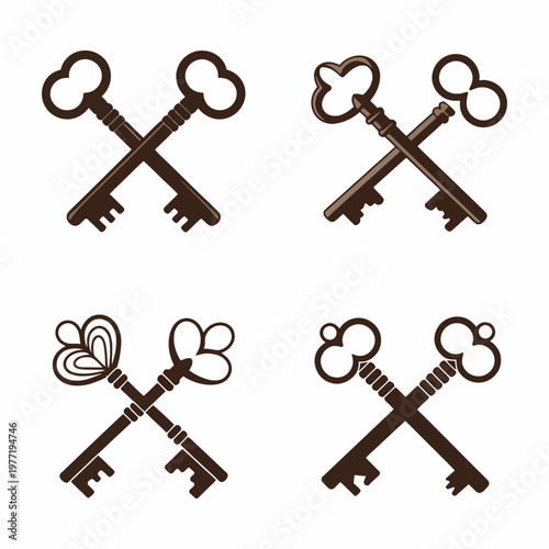 Crossed vintage keys silhouette set with old antique key shapes, retro security symbols, classic locksmith elements and flat vector illustration isolated on white background
