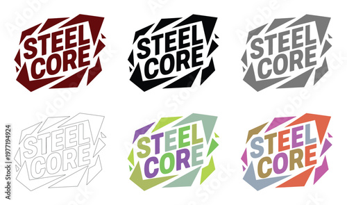 Steel Core text appears in six different color variations on jagged geometric.