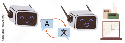 Language learning, AI communication, automated translation, multilingual interaction, technology in business, cross-cultural exchange. Smiling AI robots with speech bubbles and industrial icons