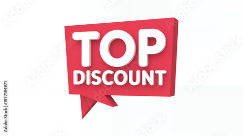Bright red three dimensional speech bubble tag featuring discount text in white font