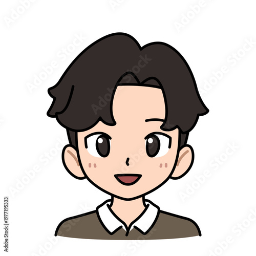 Cute young man avatar vector illustration in anime style, smiling boy with Korean hairstyle, flat character icon isolated on white.