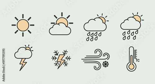 Weather forecast icons set sun cloud rain snow wind temperature thermometer