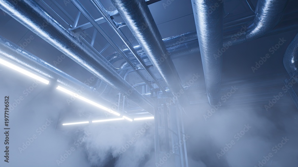Naklejka premium Industrial ceiling of metallic pipelines and ducts with blue tinted fluorescent light, steam and fog rising through complex ventilation and processing equipment in a factory plant
