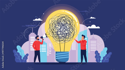 Problem solving concept with two men brainstorming around a giant lightbulb containing a tangled mess of creative thoughts.