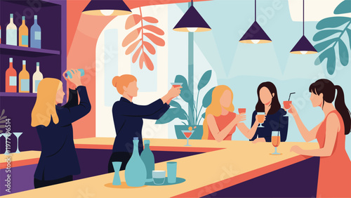 Group of young women enjoying colorful cocktails at a modern bar while professional female bartenders prepare drinks behind the counter.