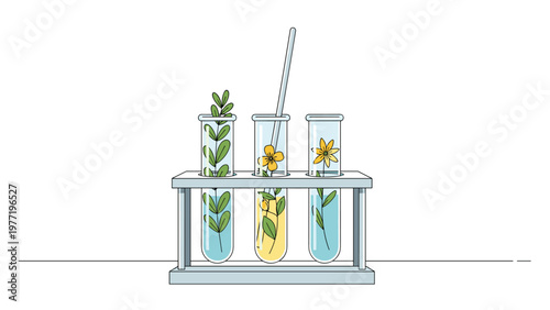 Three glass test tubes containing different green plants and yellow flowers are placed in a rack for a botanical science experiment.