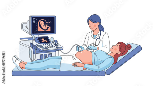 Professional female doctor performing an ultrasound scan on a pregnant woman lying on a medical bed in a clean clinical environment.