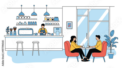 Young couple having a conversation over coffee at a table while a professional barista prepares drinks behind the cafe counter.