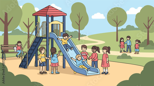 Happy children playing on a colorful playground with a slide, stairs, and a bench in a sunny outdoor park with green trees.