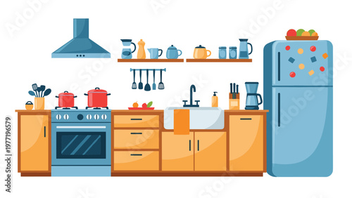 Fully equipped modern kitchen featuring wooden cabinets, a blue refrigerator, stove, oven, sink, and various cooking utensils.