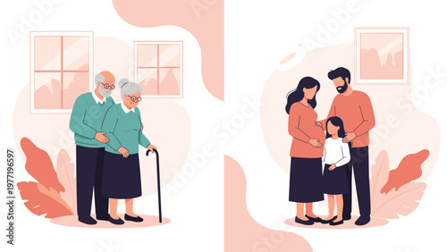Split illustration showing an elderly couple walking together and a young family with a pregnant mother and a small child.