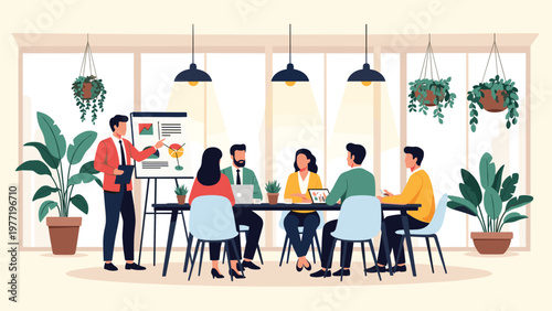 Professional business presenter uses a whiteboard to explain data charts to a diverse group of colleagues in a meeting room.