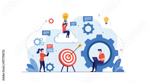 Creative team works together to achieve goals using gears, lightbulbs, and targets to represent innovation and strategic success.