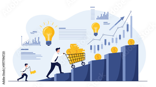 Ambitious businessman pushes a shopping cart full of gold coins up a rising bar graph toward glowing lightbulbs representing ideas.