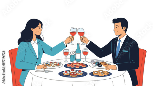 Professional business man and woman raise their wine glasses in a toast during a celebratory formal dinner at a restaurant.