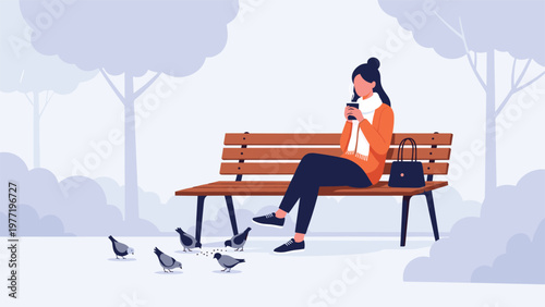 Young woman wearing an orange sweater sits on a park bench and feeds a group of pigeons on a quiet winter day with bare trees.
