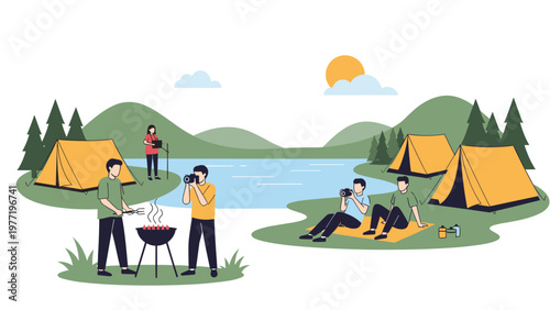 Group of friends enjoys an outdoor camping trip by the lake with tents, a barbecue grill, and photography in a mountain area.