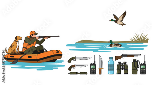 Hunter in a boat with his dog aims a rifle at flying ducks while various essential hunting equipment is displayed below him.