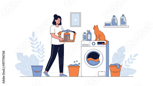 Young woman prepares to do household chores by carrying a basket of laundry toward a washing machine while her cat watches.