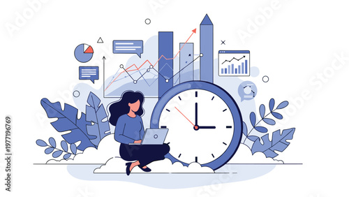 Professional woman sits on a cloud while working on a laptop surrounded by a large clock and various business data charts.