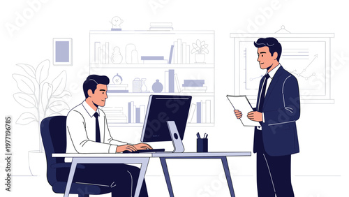 Professional male manager stands and reviews documents while his colleague works at a computer desk in a bright office space.