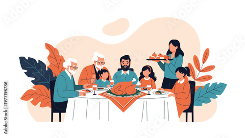 Large multi generational family gathers around a dining table to enjoy a traditional roast turkey dinner for a celebration.