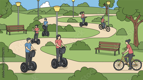 Diverse group of people enjoys a sunny day in the park by riding electric segways and bicycles along a winding paved path.
