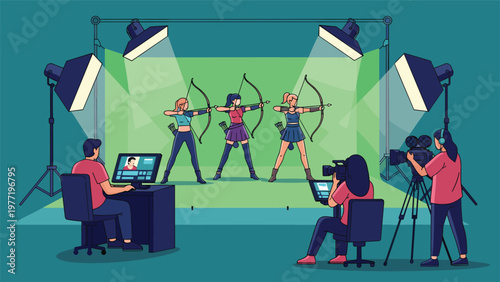 Film crew uses professional cameras and lighting to record a scene featuring three female archers in front of a green screen.