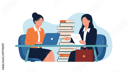 Two female office workers sitting at a desk with an impossibly tall stack of books and files between them.