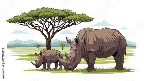 Large adult rhino and a small calf grazing peacefully in the middle of a vast African savanna landscape.