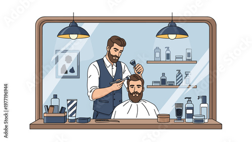 Professional barber meticulously styling a male client hair in a modern barbershop with various grooming products.