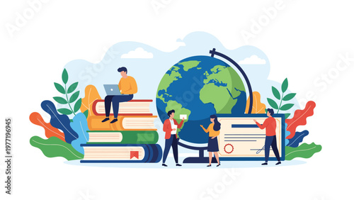 Diverse students and professionals collaborating around a large globe representing global educational opportunities.