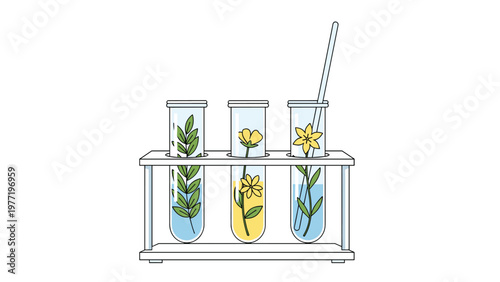 Laboratory equipment with three glass test tubes in a rack containing different plant specimens in blue and yellow liquids.