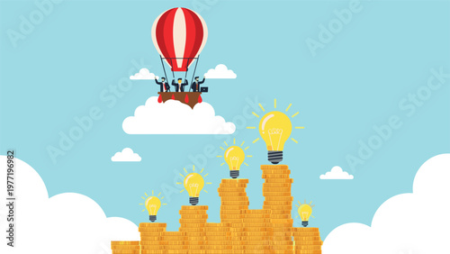Creative investment concept with business people in a hot air balloon floating above rising stacks of gold coins and lightbulbs.
