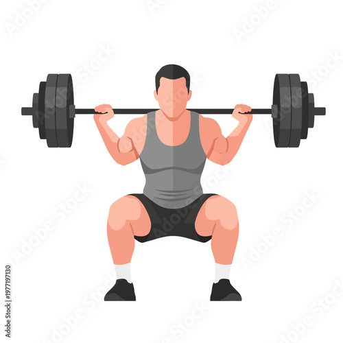 Man doing barbell squat, fitness and weightlifting illustration