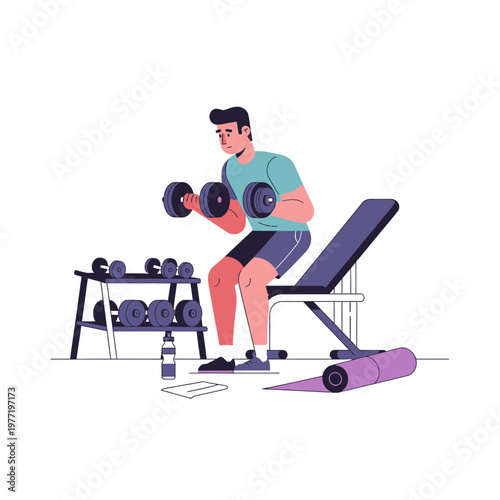 Man doing bicep curls with dumbbells on a bench in a gym, fitness workout illustration