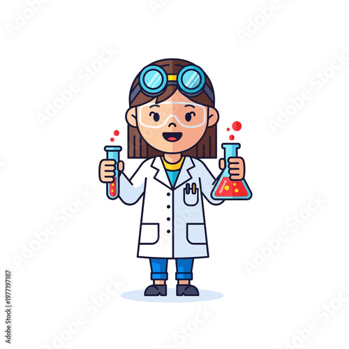 Young Scientist Girl in Lab Coat Holding Test Tubes and Beakers with Bubbling Liquid