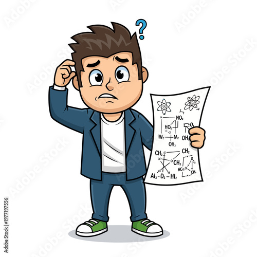 Confused student holding complex chemistry formulas, questioning learning science